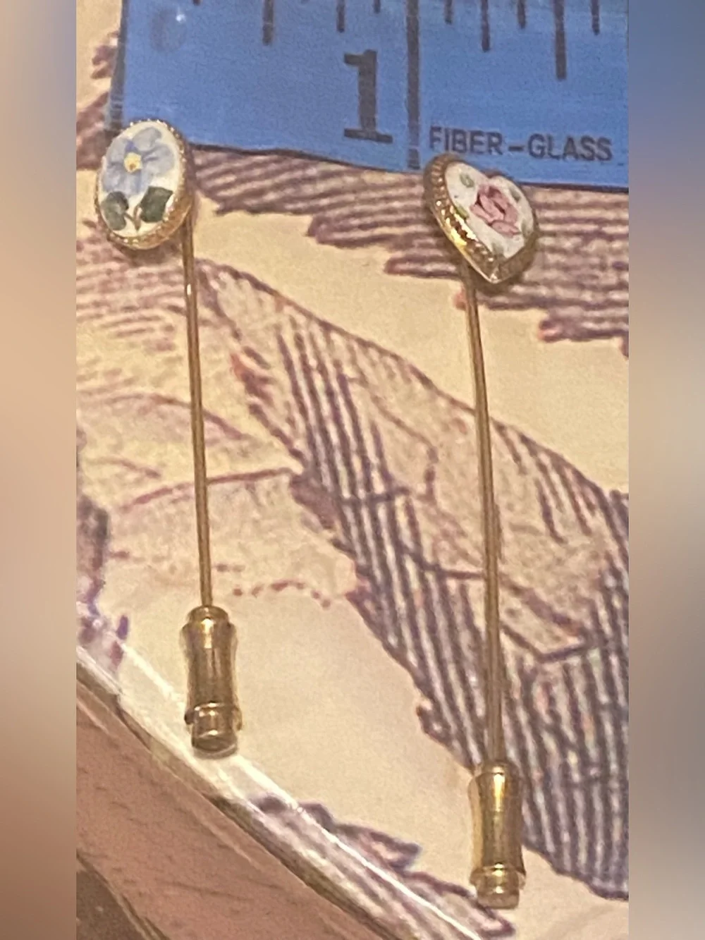 Vintage Porcelain Floral Stick Pin Set • Rose Heart & Forget-Me-Not Gold Tone